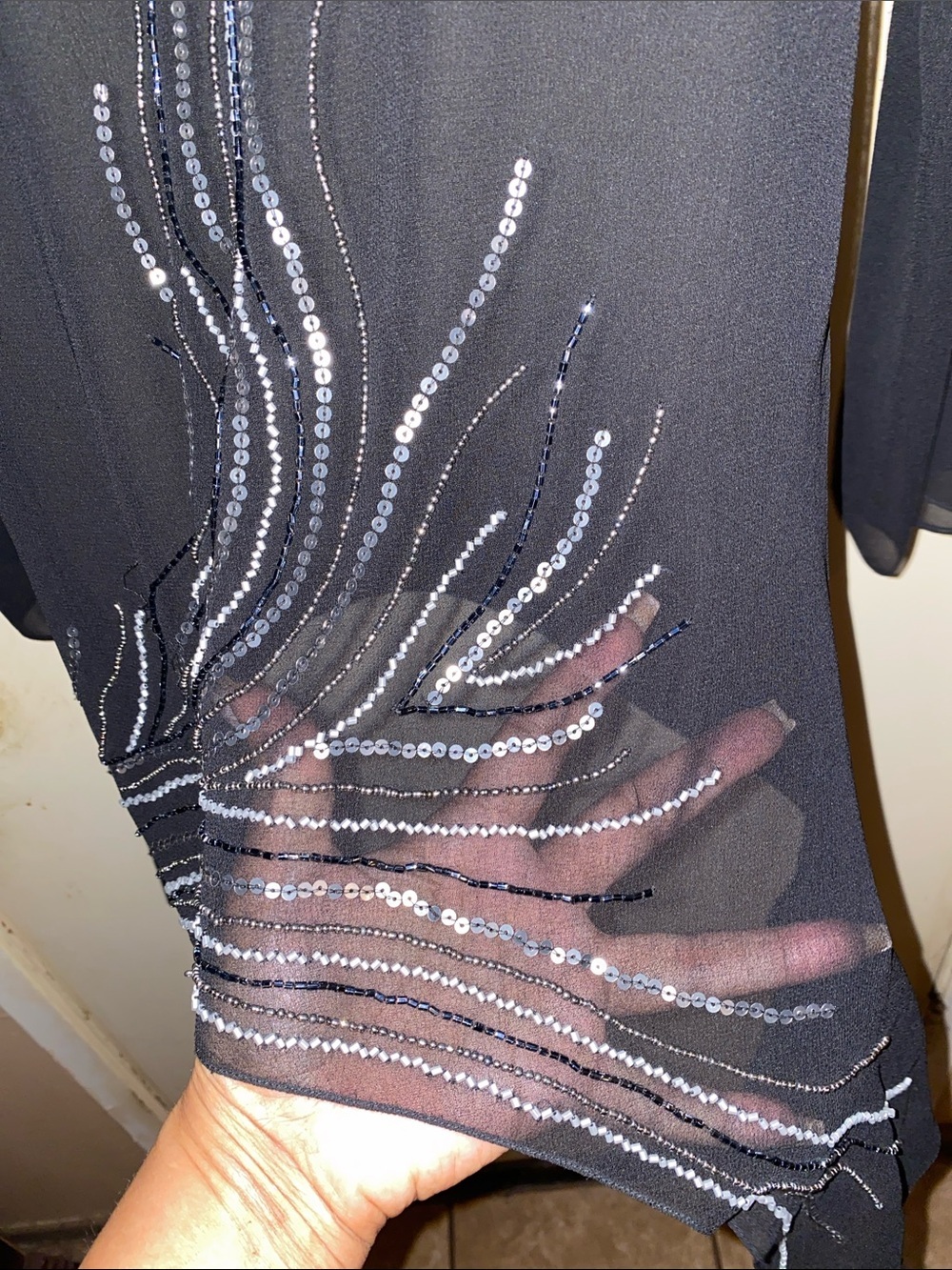 Elegant Black Sheer Mesh Evening Blouse with silver and Gold Sequin Embroidery - Picture 4 of 9
